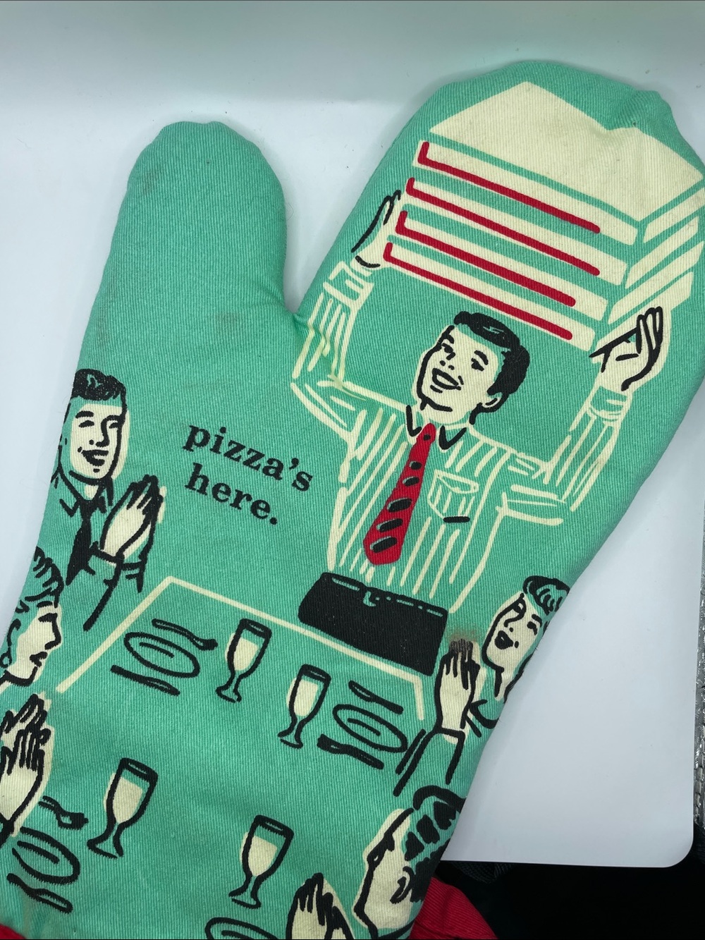 Blue Q Novelty Oven Mitt - Teal 'Pizza's Here' Design